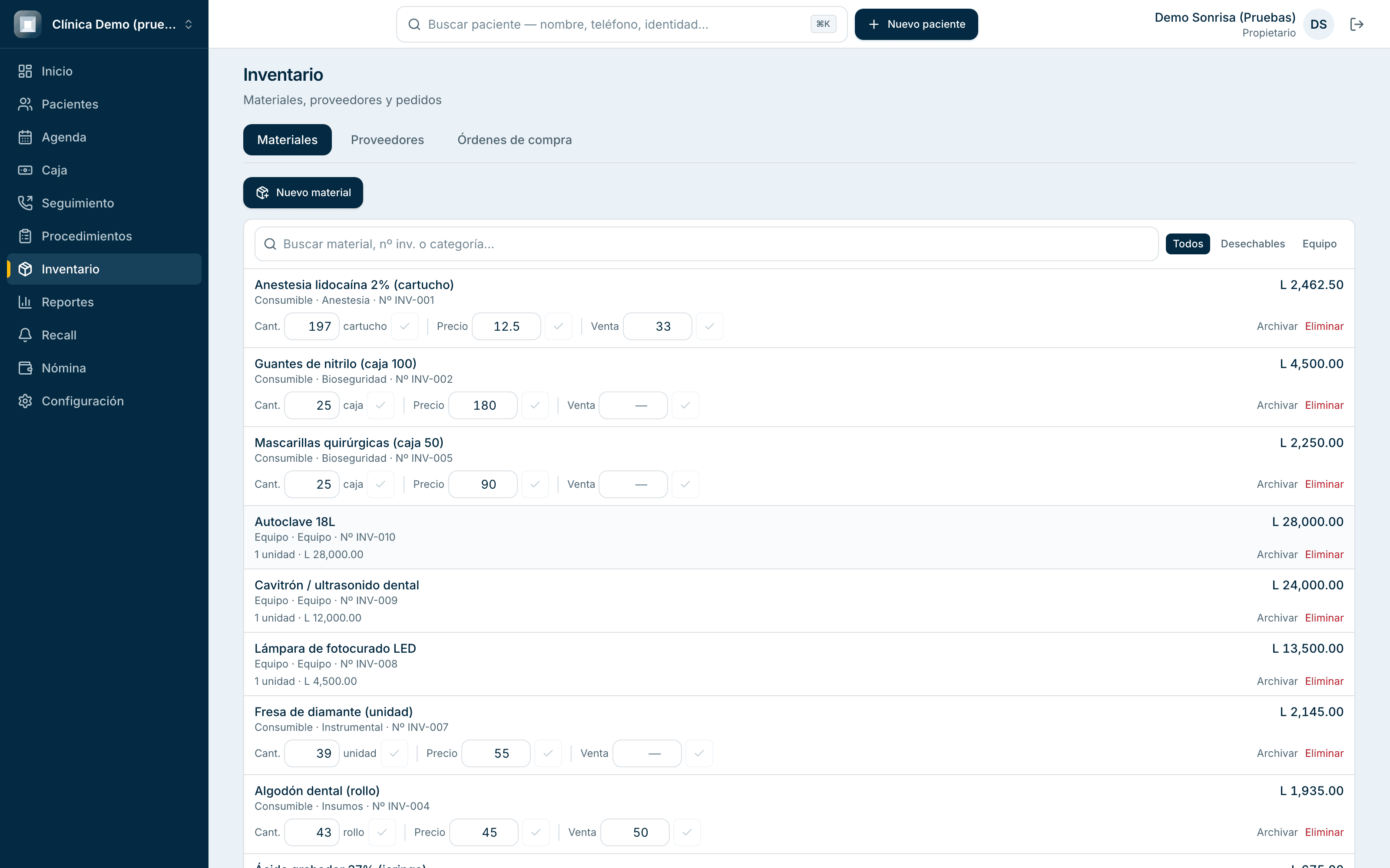 Lista de materiales e inventario clínico en DentalMAX
